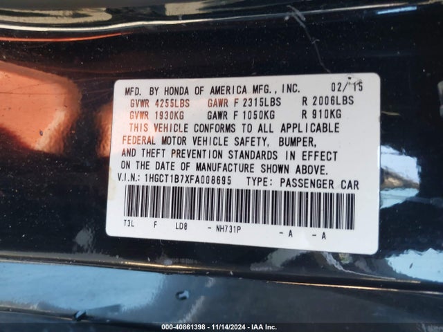 Honda ACCORD EX 2015 1HGCT1B7XFA008695 Image 9
