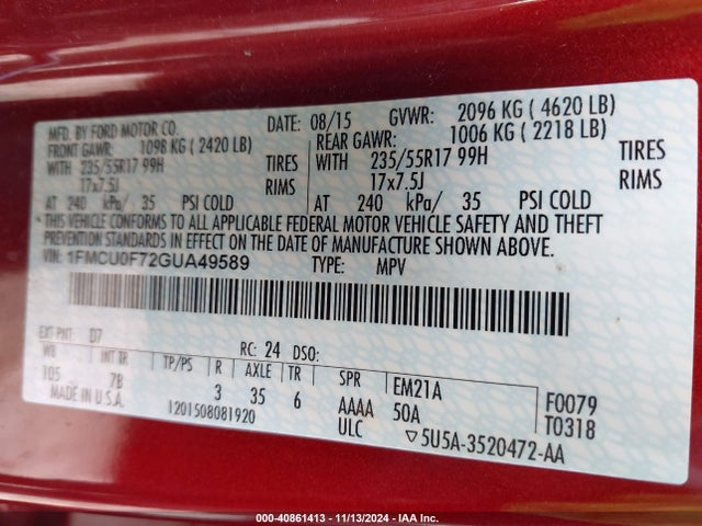 Ford ESCAPE S 2016 1FMCU0F72GUA49589 Image 9