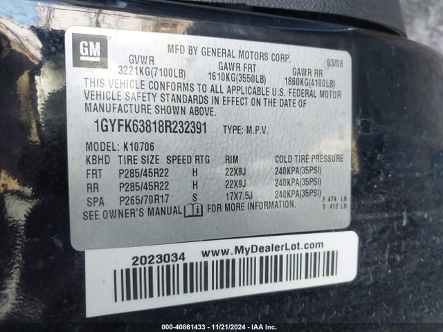 2008 CADILLAC ESCALADE 1GYFK63818R232391 Photo 8