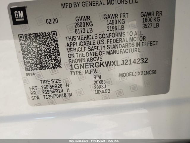 1GNERGKWXLJ214232 Chevrolet Traverse Fwd Lt Cloth
