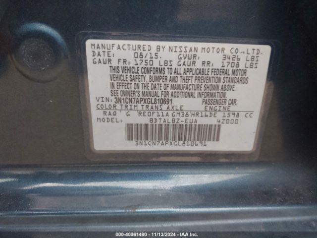 3N1CN7APXGL810691 Nissan Versa