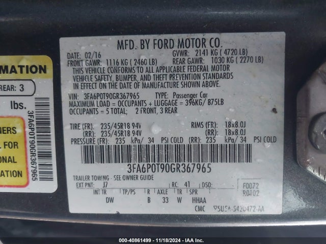 Ford FUSION SE 2016 3FA6P0T90GR367965 Image 9