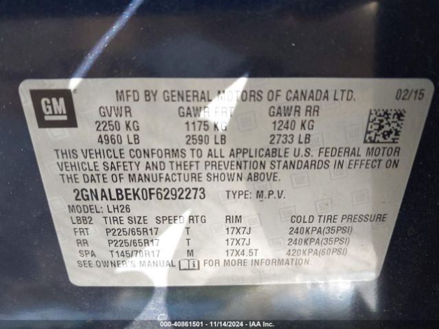 2GNALBEK0F6292273 Chevrolet EQUINOX 1LT