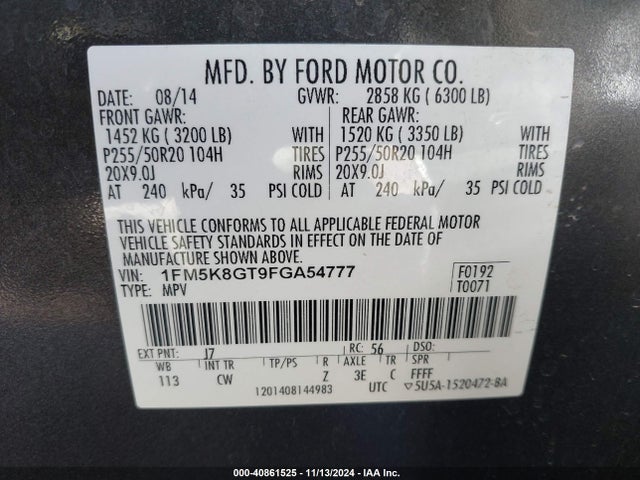 Ford EXPLORER SPORT 2015 1FM5K8GT9FGA54777 Image 9