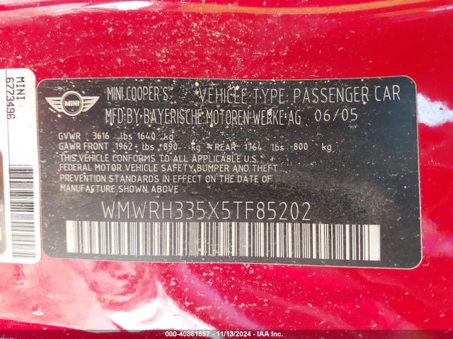 2005 MINI COOPER S WMWRH335X5TF85202 Photo 8