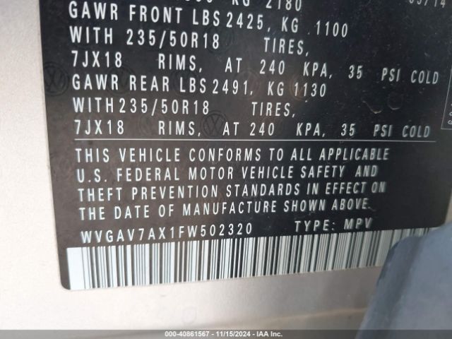WVGAV7AX1FW502320 Volkswagen TIGUAN SE