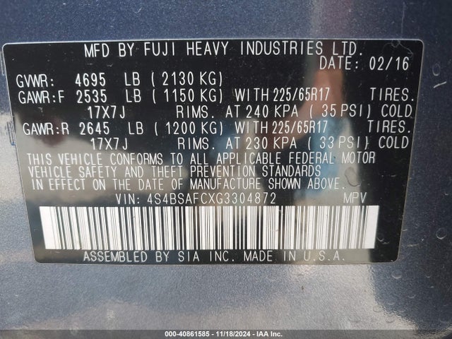 Subaru Outback 2.5i Premium 2016 4S4BSAFCXG3304872 Image 9