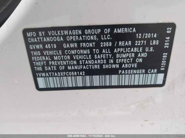 1VWAT7A3XFC056142 Volkswagen Passat 1.8t Wolfsburg Edition