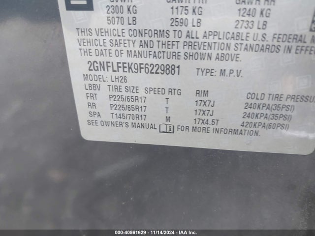 Chevrolet EQUINOX 1LT 2015 2GNFLFEK9F6229881 Image 9