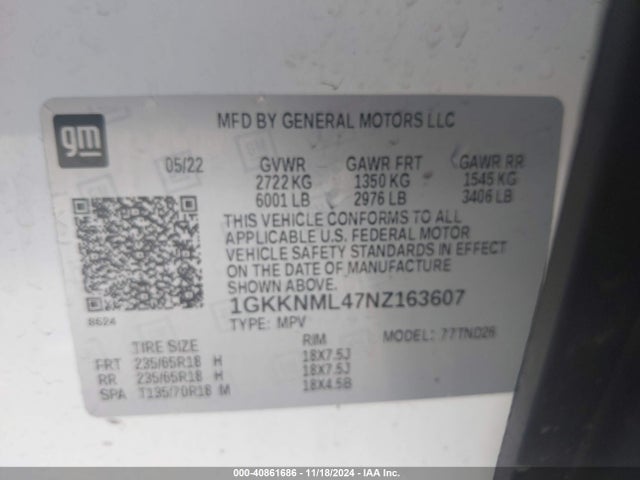 1GKKNML47NZ163607 GMC Acadia Fwd Slt