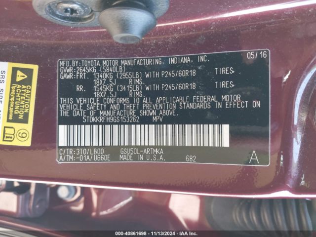 5TDKKRFH9GS153262 Toyota Highlander Xle V6