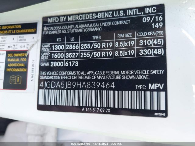 4JGDA5JB9HA839464 Mercedes-Benz GLE 350