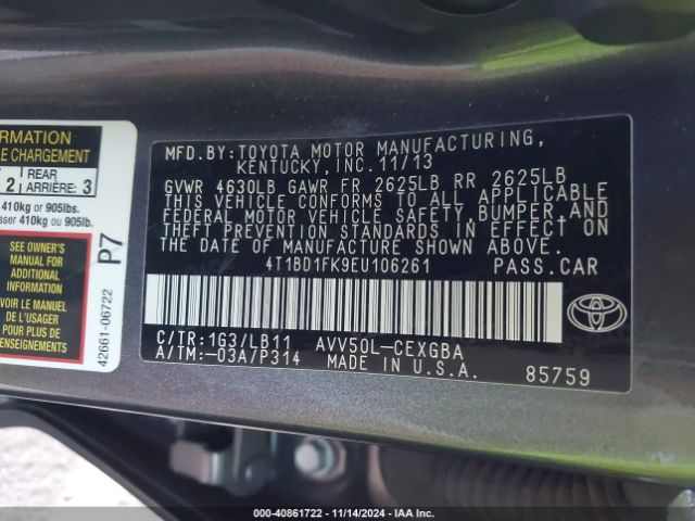4T1BD1FK9EU106261 Toyota Camry Hybrid Xle