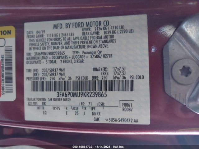 3FA6P0MU9KR239865 Ford Fusion Hybrid Sel