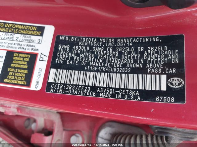 4T1BF1FK4EU832832 Toyota CAMRY SE