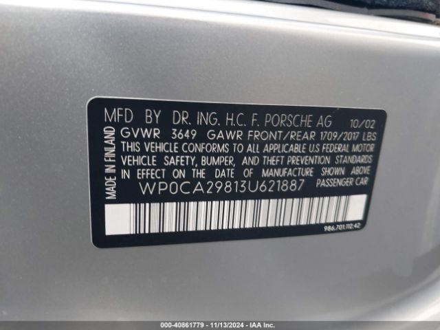 2003 PORSCHE BOXSTER WP0CA29813U621887 Photo 8