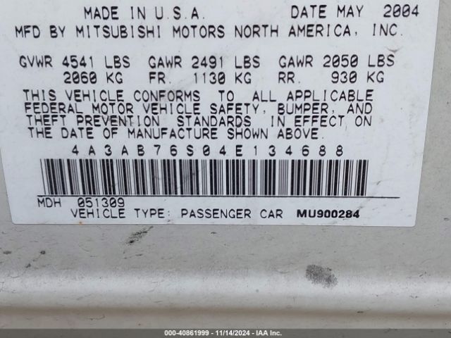 2004 MITSUBISHI GALANT 4A3AB76S04E134688 Photo 8
