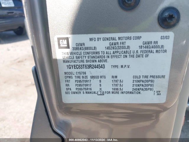 2003 CADILLAC ESCALADE 1GYEC63T63R244543 Photo 8