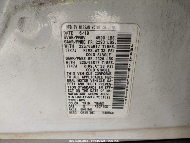 JN8AT2MT9LW001892 Nissan Rogue Sv Fwd
