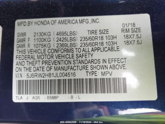 5J6RW2H81JL004516 Honda Cr-v Ex-l/ex-l Navi