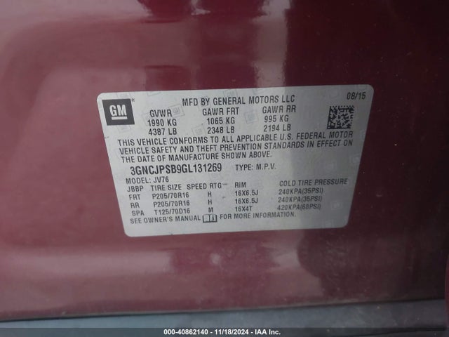 Chevrolet Trax Lt 2016 3GNCJPSB9GL131269 Image 9