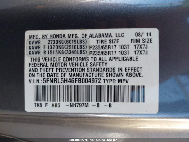 Honda ODYSSEY EX 2015 5FNRL5H46FB004972 Image 9