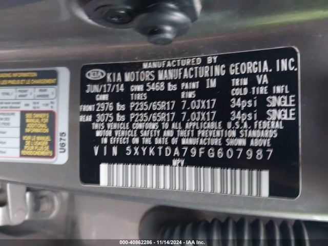 KIA Sorento Lx V6 2015 5XYKTDA79FG607987 Image 9