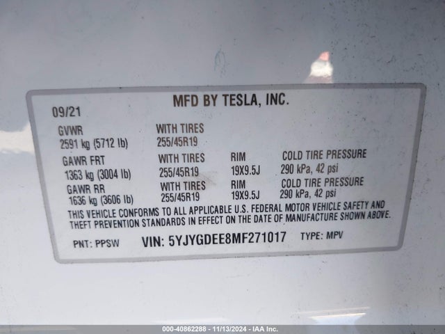 2021 TESLA MODEL Y 5YJYGDEE8MF271017 Photo 8