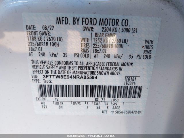 3FTTW8E94NRA85594 Ford Maverick Lariat