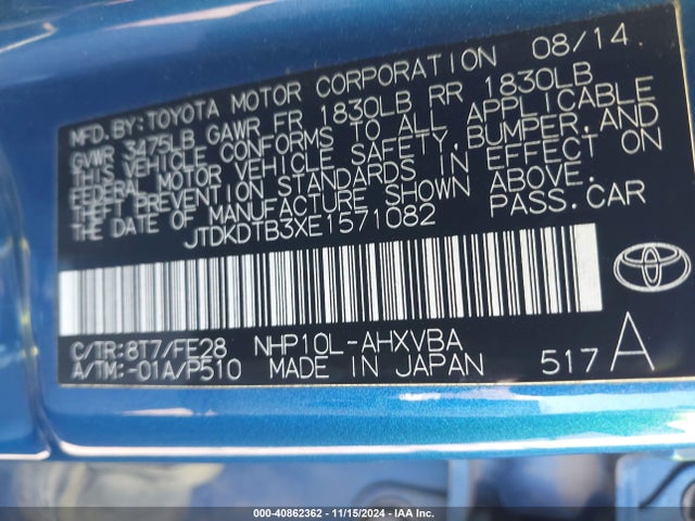 JTDKDTB3XE1571082 Toyota Prius C One