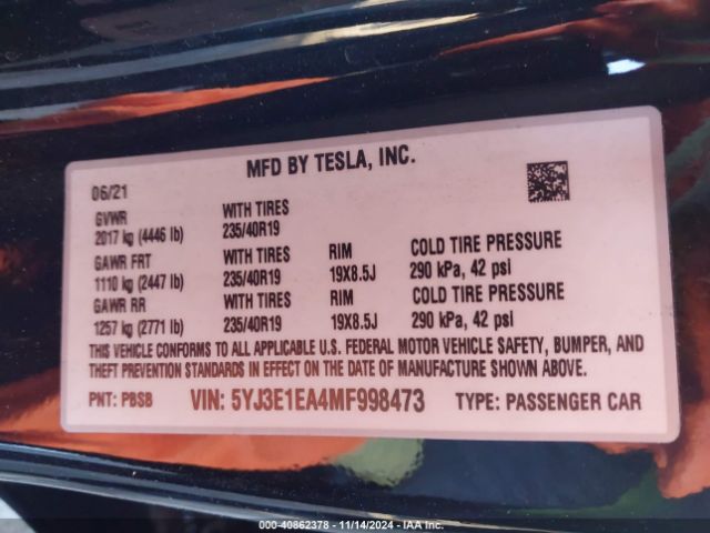 5YJ3E1EA4MF998473 Tesla Model 3 Standard Range Plus Rear-wheel Drive