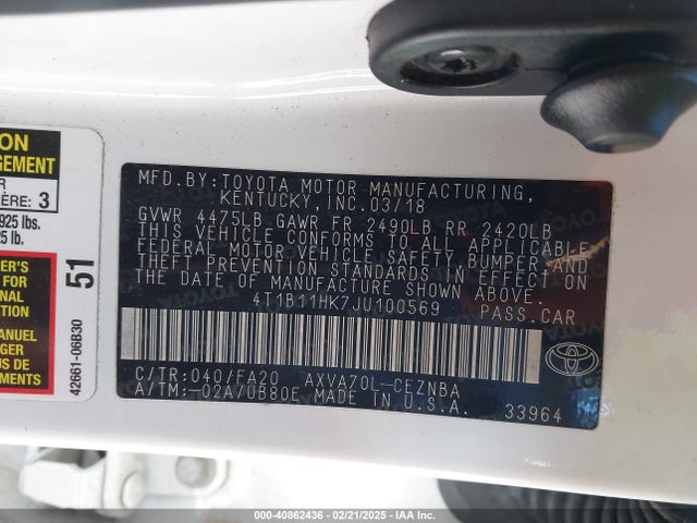 4T1B11HK7JU100569 Toyota CAMRY LE