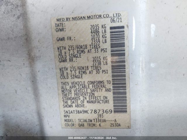 5N1AT3BA9MC787369 Nissan Rogue Sv Fwd