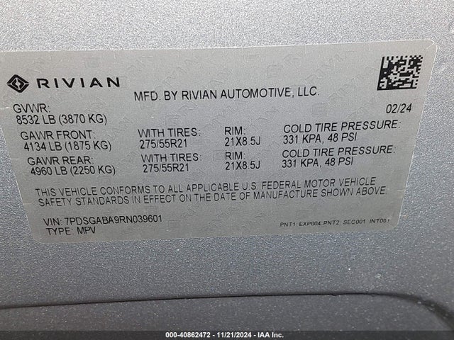 7PDSGABA9RN039601 Rivian R1s Adventure Quad Motor Large Pack