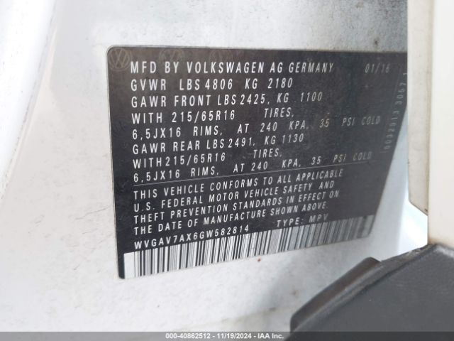 WVGAV7AX6GW582814 Volkswagen TIGUAN S