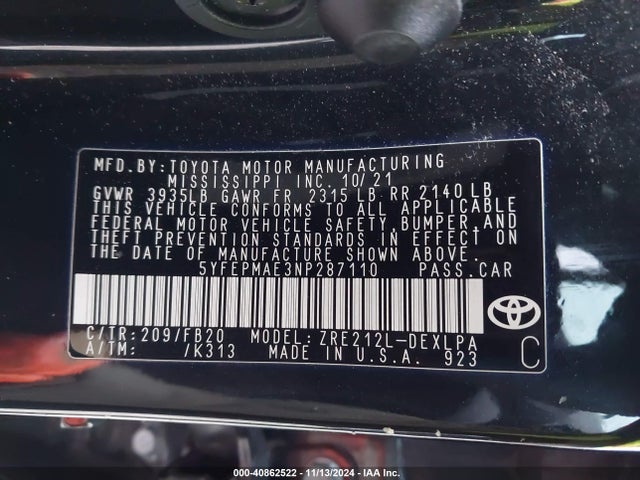 Toyota COROLLA LE 2022 5YFEPMAE3NP287110 Image 9