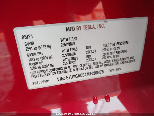 2021 TESLA MODEL Y 5YJYGAEE4MF200475 Photo 8