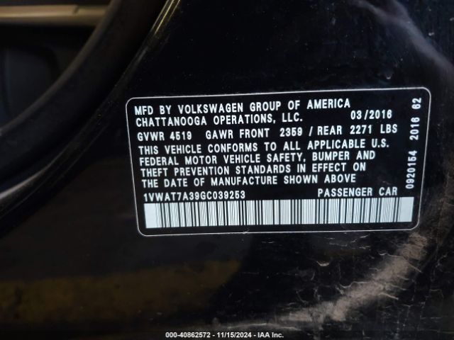 1VWAT7A39GC039253 Volkswagen Passat 1.8t S