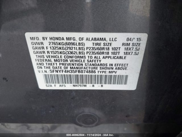 5FNYF4H35FB074886 Honda PILOT SE