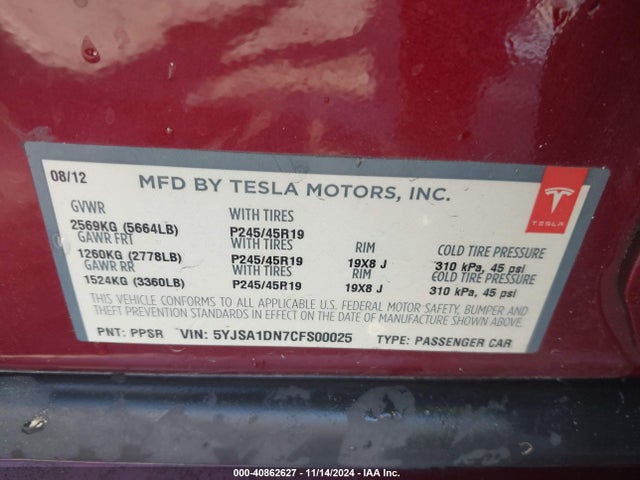 2012 TESLA MODEL S 5YJSA1DN7CFS00025 Photo 8