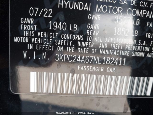 3KPC24A67NE182411 Hyundai ACCENT SE