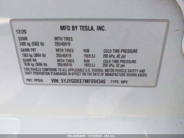 5YJYGDEE7MF094346 Tesla Model Y Long Range Dual Motor All-wheel Drive