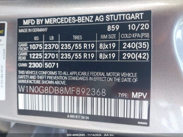 W1N0G8DB8MF892368 Mercedes-Benz Glc 300 Suv