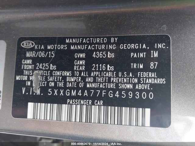 KIA Optima Lx 2015 5XXGM4A77FG459300 Image 9