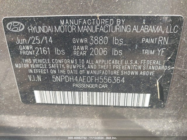 Hyundai ELANTRA SE 2015 5NPDH4AE0FH556364 Image 9
