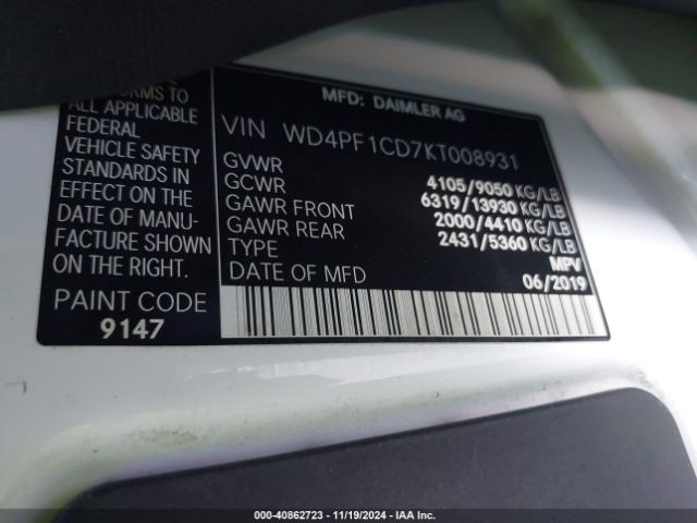 WD4PF1CD7KT008931 Mercedes-Benz Sprinter 2500 High Roof V6