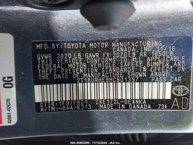 Toyota COROLLA LE 2017 2T1BURHE9HC801397 Image 9