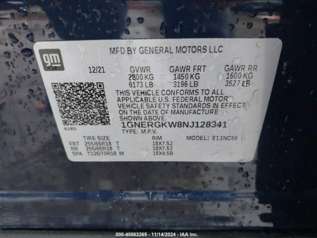 1GNERGKW8NJ128341 Chevrolet Traverse Fwd Lt Cloth