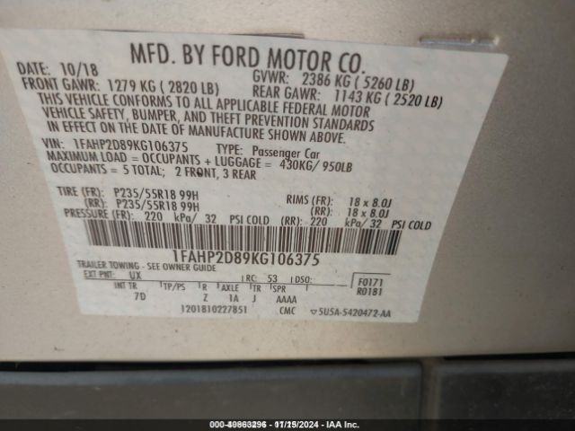 1FAHP2D89KG106375 Ford TAURUS SE