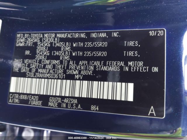 5TDLZRAHXMS036101 Toyota Highlander Xse